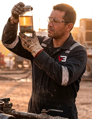 Technician checking a well returns sample