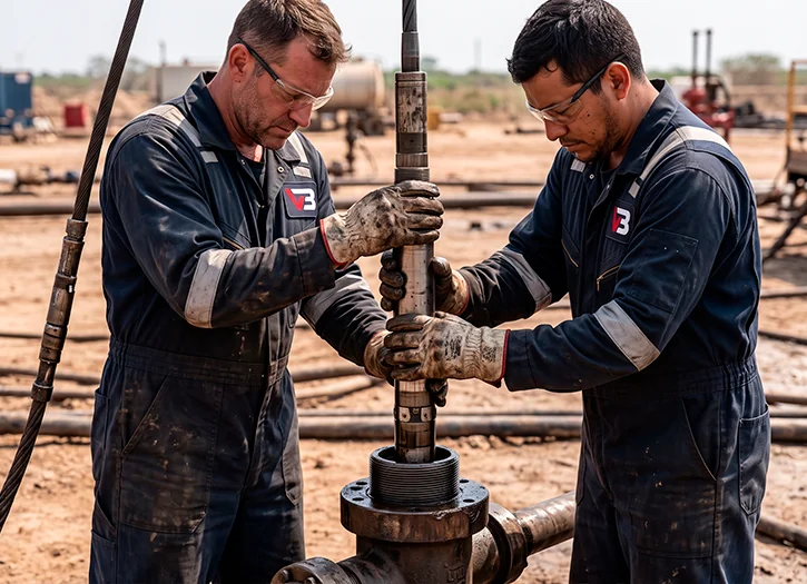 Crew connecting the logging tool at the wellhead